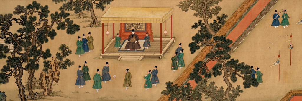 Xuande emperor courtiers play football in the park as part of their military fitness programme.