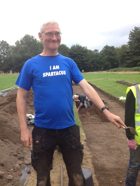 Lancaster 2015 Trench 3 Nige celebrates finding a Roman Road