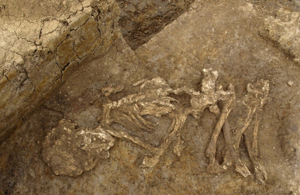 Skeletal remains from Neat's Court in Kent, England. These bones show signs of low-level heat treatment, indicating that the body might have been mummified in an extremely dry environment or through smoking. Credit: Geoff Morley