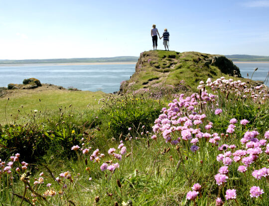 Two people stand on a scenic hill looking out to sea